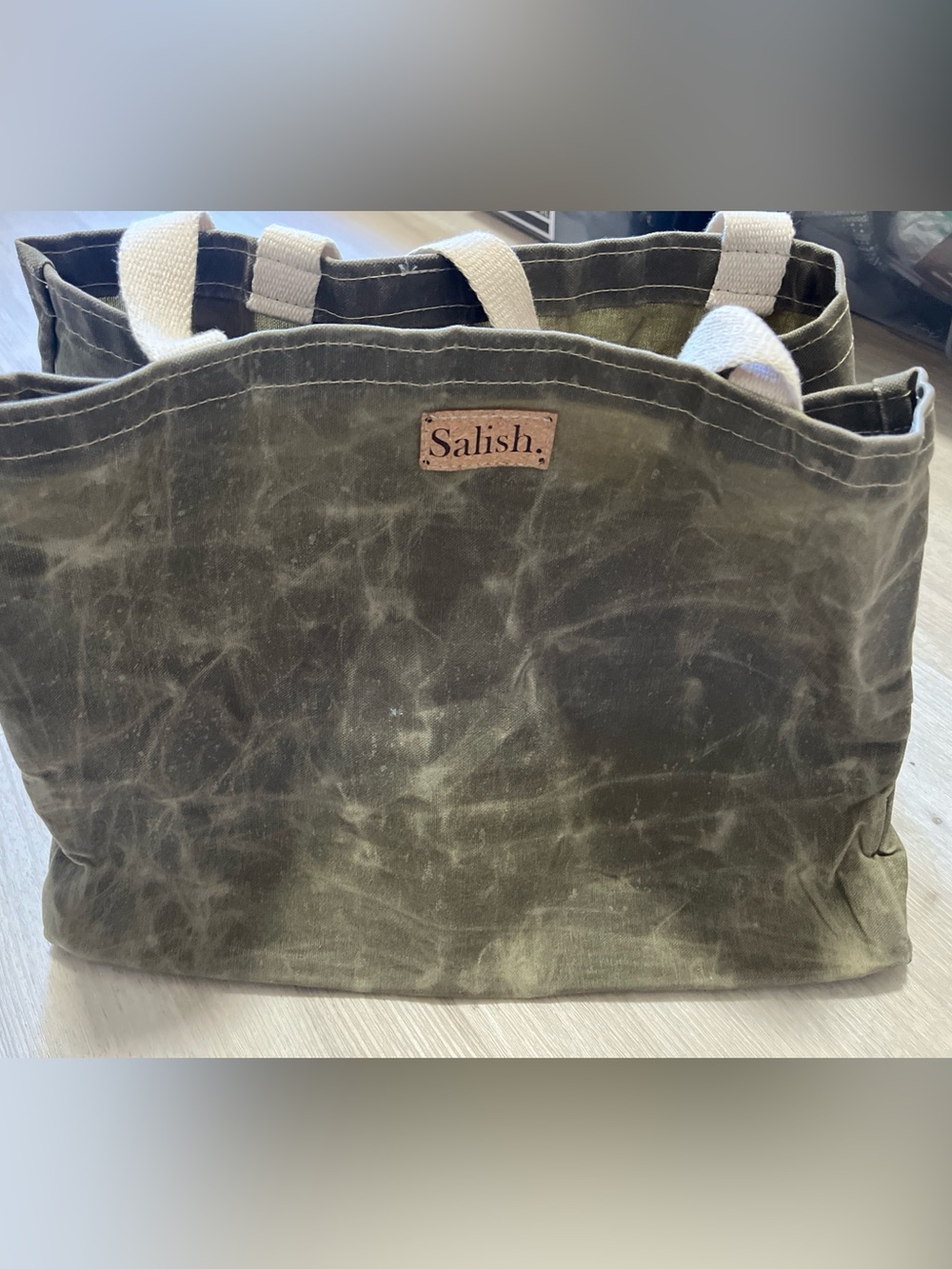 Olive Green large waxed canvas shopping tote 15” by11” by 6”